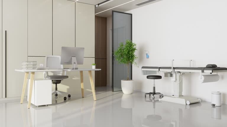 A hospital bed in a medical office setting. that show the neat and clean clinic