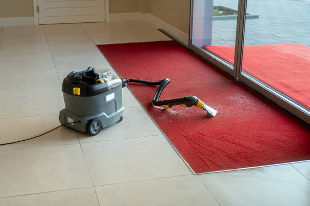 Man operates a vacuum cleaner on a carpet, illustrating professional carpet cleaning services.
