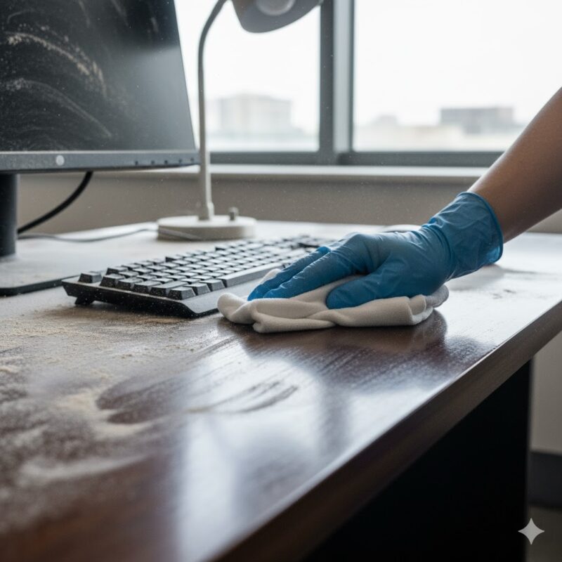 Individual wearing blue gloves wipes down a desk with a computer as part of post-construction cleaning.