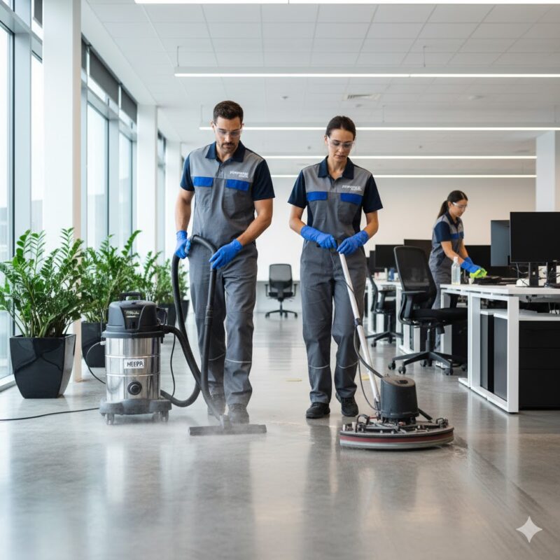 Two people using vacuum cleaners to clean an office space after construction work has been completed.