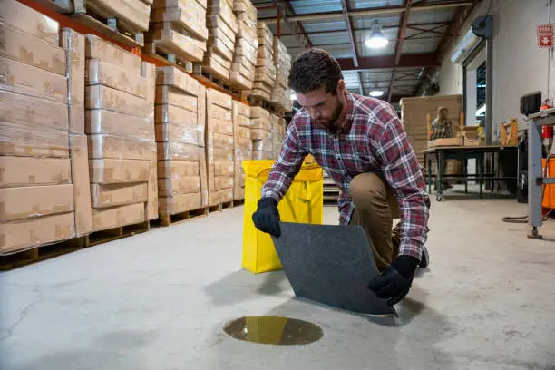 A man kneels in a warehouse, holding a piece of paper while cleaning the area around him.